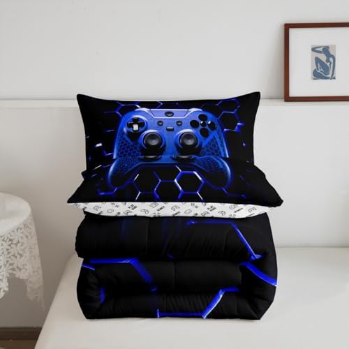 Manfei Honeycomb Gamepad Comforter Set Twin Size, Blue Geometric Reversible Bedding Set 2pcs for Kids Boy Game Room Decor, Modern Gamer Down Comforter Modern Gaming Quilt Set with 1 Pillowcase