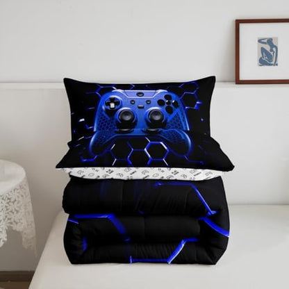 Manfei Honeycomb Gamepad Comforter Set Queen Size, Blue Geometric Reversible Bedding Set 3pcs for Kids Boy Game Room Decor, Modern Gamer Down Comforter Modern Gaming Quilt Set with 2 Pillowcases