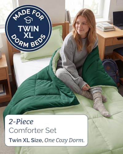 Twin XL Comforter Set - Emerald/Light Sage All Season Bedding - 2 Piece Set