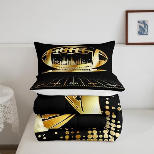 Erosebridal Black and Golden Football Comforter Set Twin for Boys Kids Teen Sports Bedding Soccer Duvet Insert Ball Gaming Quilt Comforter Rugby Football Field Comforter 2 Piece with 1 Pillowcase