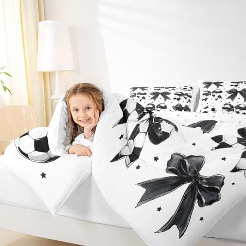 jejeloiu Soccer Ball Bow Kids Comforter Set Full Size Football Bedding Set Watercolor Bow Duvet Quilt for Kids Boys Girls Bedroom Rugby Sports Decor Microfiber Ultra Soft Breathable