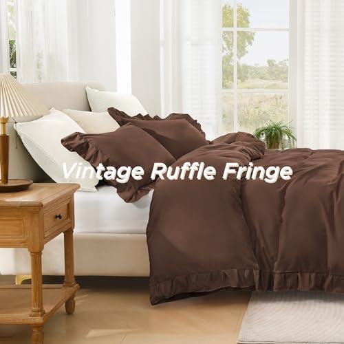 Andency Brown Ruffle Duvet Cover King, Shabby Chic Farmhouse Bedding Set