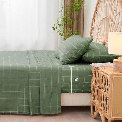 JELLYMONI 100% Cotton Sheet Set, Green Plaid, Queen