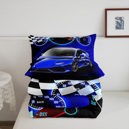 Feelyou Blue Race Car Bedding Set for Kids Boys Girls Queen Size