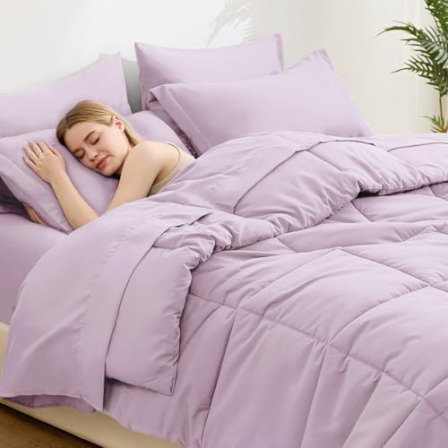 Love's cabin Queen Comforter Set Light Purple, 7 Pieces Queen Bed in a Bag, All Season Bedding Sets with 1 Comforter, 1 Flat Sheet, 1 Fitted Sheet, 2 Pillowcase and 2 Pillow Sham