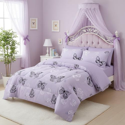 QOOMO Purple Butterfly Dandelion 7pcs Comforter Set Twin Size