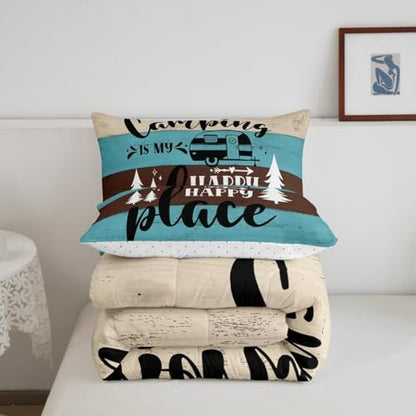 Camper Adventure Kids Comforter Set King Size,Happy Camping Rustic Farmhouse Cabin Bedding Set,Girls Boys Room Decor,RV Pine Tree Nature Quilt Comforter,Brown Country Duvet Insert,2 Pillowcases
