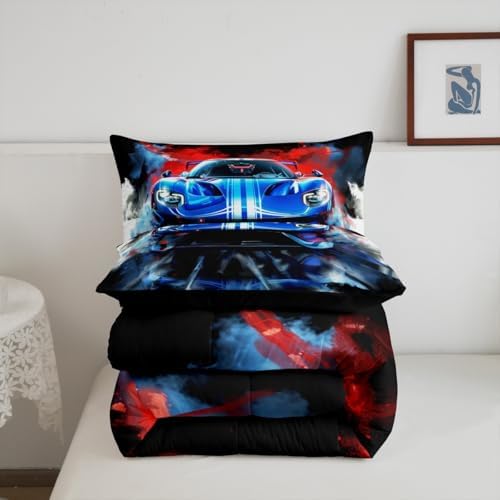 Erosebridal 3 Pieces Race Car Comforter Set King Size Blue Sports Car Bedding Sets for Boy 3D Racing Cars Comforter with 2 Pillowcases,Cool Race Cars Room Decor for Kids Teens,Comfortable and Soft