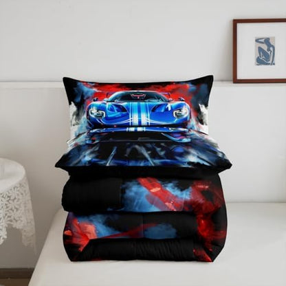 Erosebridal 3 Pieces Race Car Comforter Set King Size Blue Sports Car Bedding Sets for Boy 3D Racing Cars Comforter with 2 Pillowcases,Cool Race Cars Room Decor for Kids Teens,Comfortable and Soft