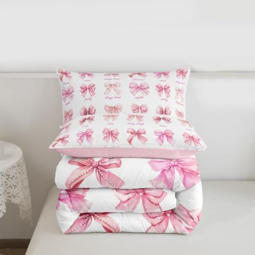 jejeloiu Pink Bow Comforter Set All Season Girls Bow Bedding Set with 2 Pillow Cases Cute Bowknot Microfiber Kids Queen Bedclothes Bedroom Decor Duvet Quilt Breathable Soft Lightweight