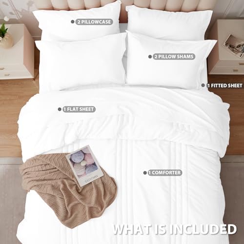 Full Size Comforter Sets White, 7 Pieces Bed in a Bag Bedding Set