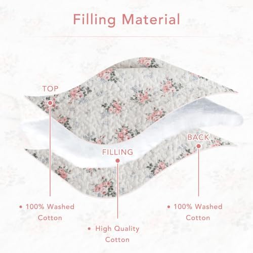 Lady Ann Cotton Floral Quilt Set, Blush Pink Rose Pattern Printed King Bedding Set, 3 Pcs Lightweight Scalloped Edge Ultra Soft Bedspread & Coverlet for All Season