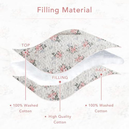 Lady Ann Cotton Floral Quilt Set, Blush Pink Rose Pattern Printed King Bedding Set, 3 Pcs Lightweight Scalloped Edge Ultra Soft Bedspread & Coverlet for All Season