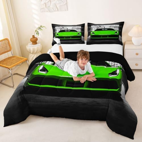 Feelyou Boys Green Race Car Comforter Set Full Size Green Luxury Car Bedding Set for Kids Boys Girls Extreme Sports Duvet Quilt Fast and Furious Bedroom Decor 3 Pcs with 2 Pillow Cases