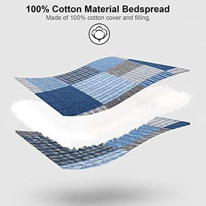 PANGUSHAN King Size Quilt Set,100% Cotton King Quilt Bedding Set Bedspread,Patchwork Plaid Quilt Bedspreads for King Bed,Navy Blue/Blue Reversible Lightweight Comforter Bed Set,All Season,3 Pieces