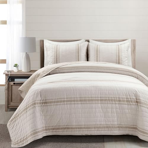 Lush Decor Farmhouse Stripe Reversible Cotton Quilt Queen Size 3 Piece Set Full/Queen Neutral - Farmhouse Bedding Set Queen Quilt - Striped Bedding