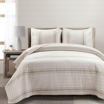 Lush Decor Farmhouse Stripe Reversible Cotton Quilt Queen Size 3 Piece Set Full/Queen Neutral - Farmhouse Bedding Set Queen Quilt - Striped Bedding