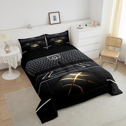 Black Golden Line Basketball Comforter Set Full Size,3D Basketball Court Bedding Set for Kids Boys Teens Men Room Decor,Sports Games Theme Quilt Set Fashion Cool Duvet Insert,2 Pillowcases