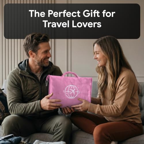 2-in-1 Travel Blanket and Pillow – Lightweight, Compact, Ultra Soft, Machine Washable – Handle, Luggage Sleeve, Backpack Clip – for Trave Airplane, Car, Office (light pink)