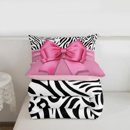 jejeloiu Pink Bow Comforter Set Full Size Zebra Stripes Bedding Set for Kids Boys Girls Girls Bow Duvet Quilt Bedroom Decor Microfiber 3 Pcs with 2 Pillow Cases