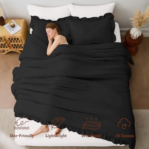 FUANNA King Size Comforter Set, Ruffle Bedding Set, 3 Pieces Bed Set, Black