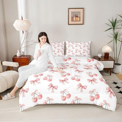 jejeloiu Watercolor Bow Kids Comforter Set King Size Lovely Pink Cherry Bedding Set Dreamy Princess Style Duvet Quilt for Kids Boys Girls Bedroom Decor Microfiber Ultra Soft Breathable