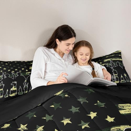 American Flag Comforter Set Queen for Boy Teen ArmyGreen Camouflage Down Comforter Adult Men Soldier Silhouettes Quilted Duvet Military Style Camo Bedding Comforters, 1 Comforter Set + 2 Pillowcases