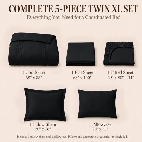 CozyLux Twin XL Comforter Set Black - 5 Pieces Complete Bedding Set