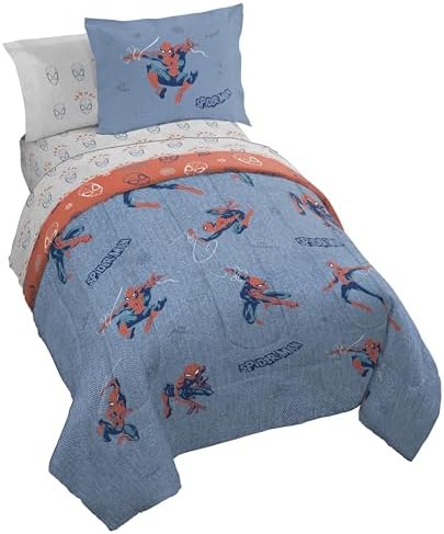 Marvel Spiderman Twin Comforter Set 5 Piece Bedding for Boys, Blue