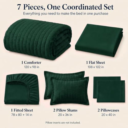 CozyLux Oversized King Comforter Set 120x98, 7Pcs Emerald Green Seersucker