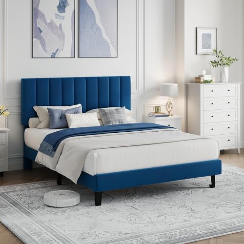 Garvee Full Size Platform Bed Frame with Upholstered Headboard, Blue