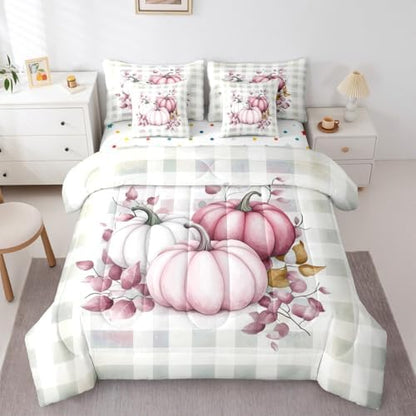 Erosebridal Fall Pumpkin 7 Piece Bedding Set Twin Thanksgiving Comforter Set with Sheets Autumn Buffalo Plaid Bed in a Bag Pink Leaves Bed Sets Comforter