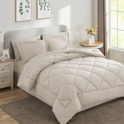 CozyLux California King Comforter Set 104"x96", 7 Piece, Beige