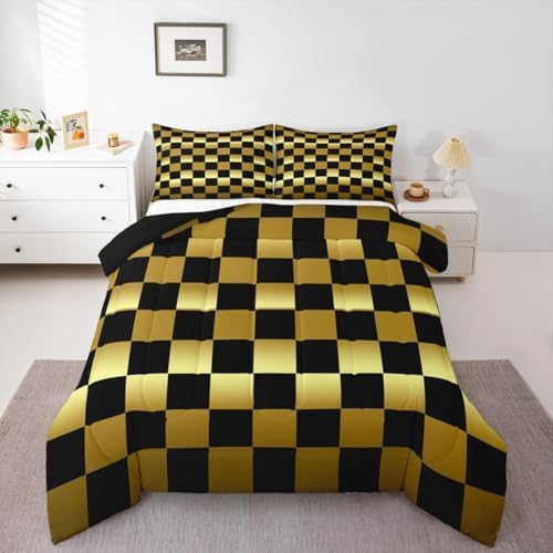 Checkered Comforter Set Full Size Modern Geometric Golden Yellow Black Bedding Set for Kids Boys Girls Cute Neutral Plaid Duvet Quilt Vintage Aesthetic Bedroom Decor 3 Pcs with 2 Pillow Cases