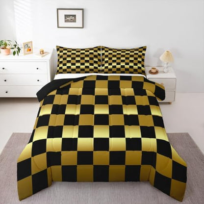 Checkered Comforter Set Toddler Size Modern Geometric Golden Yellow Black Bedding Set for Kids Boys Girls Cute Neutral Plaid Duvet Quilt Vintage Aesthetic Bedroom Decor 2 Pcs with 1 Pillow Cases
