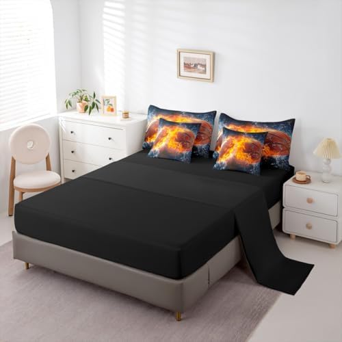 Erosebridal Rugby Football Basketball Themed Comforter 7Pcs - 3D Gaming Sport Bedding Set for Kid Teen Girl Boy Adult Balls Sports Games Ice and Fire Ball Pattern Bed in A Bag King Size