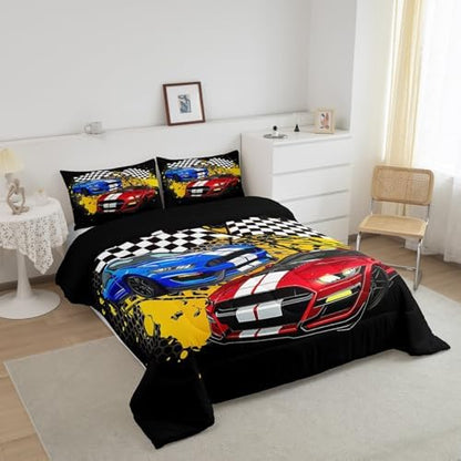 Castle Fairy Cool Racing Car King Size Comforter Set,Kids Red Blue Car Decor All Season Bedding Set,Teens Speed Race Car Comforter,Grid Flag Decor Quilt Set Bedroom Collection 3Pcs