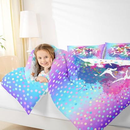 Cheerleading Girls Comforter Set King Size,Gymnastics Dancing Lovers Bedding Set for Kids Teens Woman Room Decor,Rainbow Watercolor Graffiti Dots Bedspread Modern Fashion Down Comforter 3pcs