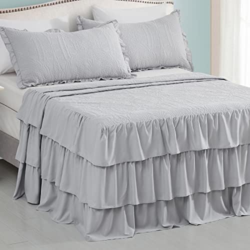 CHIXIN Ruffle Skirt Bedspread Cal King Size - 30" Long Drop, Shabby Chic Style, Lightweight Bedding Cover, 3 Piece Set, Chic Layers, Light Grey