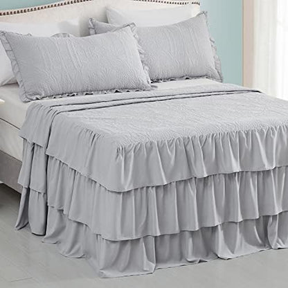 CHIXIN Ruffle Skirt Bedspread Cal King Size - 30" Long Drop, Shabby Chic Style, Lightweight Bedding Cover, 3 Piece Set, Chic Layers, Light Grey