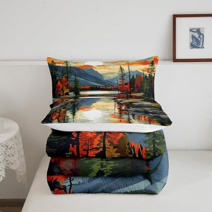 Sunset Lake House Comforter Set Full Size,Tree Branch Woodland Bedding Set for Kids Teens Adults Room Decor,Natural Scenery Retro Quilt Set,Camping Adventure Theme Duvet Insert 3Pcs,2 Pillowcases