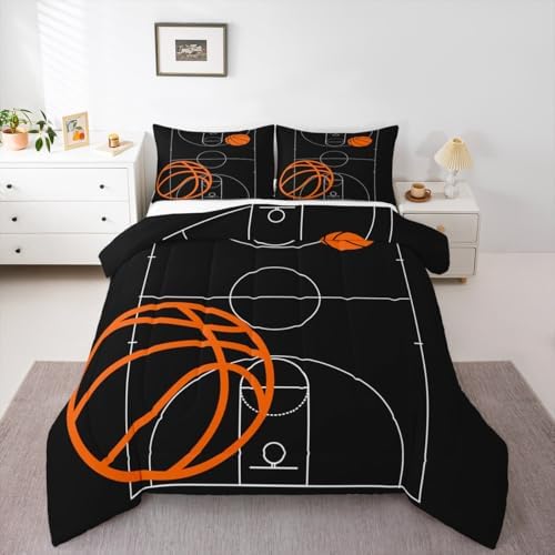 Castle Fairy Basketball Full Size Comforter Set Sports Theme Bedding Set for Kids Adults Teens Basketball Court Comforter Luxury Black and Orange Quilt Set Room Decor 3Pcs