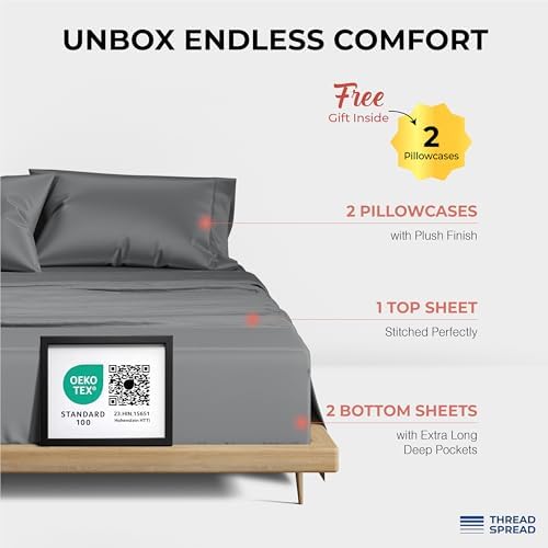 THREAD SPREAD 100% Egyptian Cotton Split King Sheets Sets for Adjustable Bed - Luxury 1200 Series Split King Sheets (5 PC, Dark Grey), Soft, Cooling, 17" Deep Pocket Sheet Set - Plush Collection