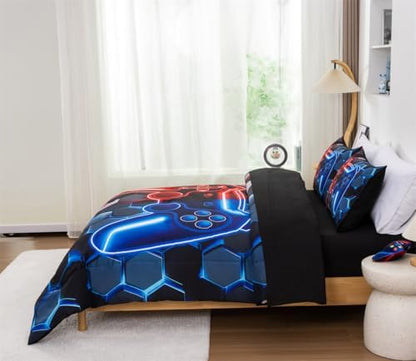 NTBED 3D Gaming Comforter Set for Boys Kids Teens,5pcs Gamer Bedding Sets with Sheet,Game Console Bed in a Bag (Red Blue, Full)