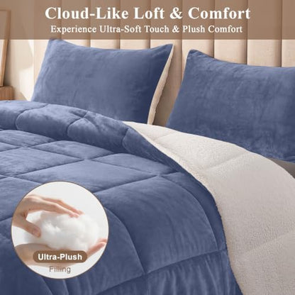 Fluffy Sherpa Queen Comforter Set, Thick Bedding Set 3 Pieces, Slate Blue