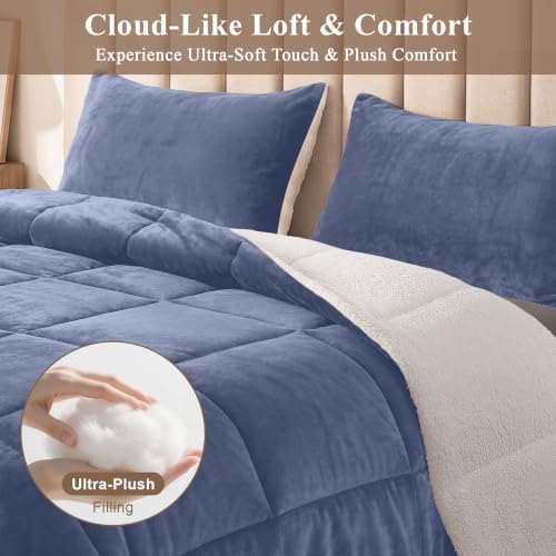 Fluffy Sherpa Cal King Comforter Set, Thick Bedding Set 3PC, Slate Blue