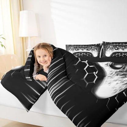 Erosebridal Ombre Art Honeycomb Gamer Bedding Set Grey Neon Lights Game Console Boys Bedding Full Size Geometric Hexagon Beehive Down Comforter Gaming Decor for Boys Bedroom Decor