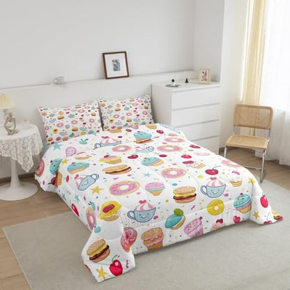 Homewish Cute Donuts Comforter Set,Ice Cream Bedding Set for Kids Girls Boys,Teens Adults Cherry and Cake Comforter,Sweet Theme Quilted Duvet Set Bedroom Collection Twin Size 2Pcs
