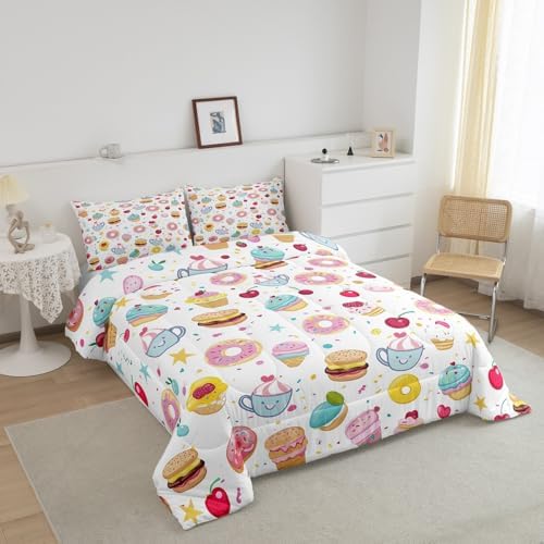 Homewish Cute Donuts Bedding Set Ice Cream Comforter Set for Kids Boys Cherry and Cake Comforter Sweet Theme Quilt Set 1 Comforter Set with 1 Pillowcase Toddler Size