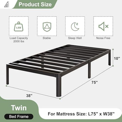 Lutown-Teen 10 Inch Twin Bed Frames with Rounded Corner Legs, 1000 LBS Heavy Duty Metal Twin Platform Bed Frame with Steel Slats Support, No Box Spring Needed, Noise Free, Easy Assembly